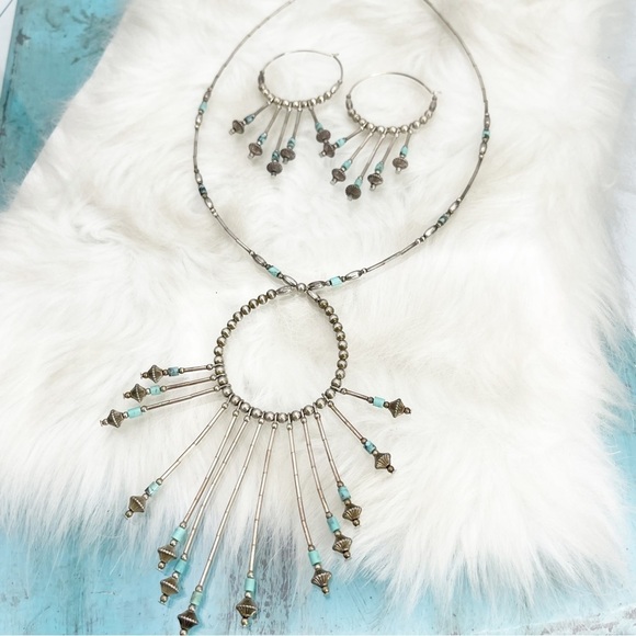 Old Pawn Sterling Silver Necklace/Earring Set Turquoise Heishi Beaded Dangles - Picture 6 of 10